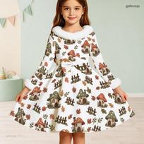 Girls White High Neck Long Sleeve Furry Trim Umbrella Rain Boot Printed A Line Flared Dress With Waist Bow 100 white