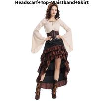 Viduramžių piratų šeimos kostiumų rinkinys su ilga gofruota suknele Helovino Cosplay'ui Adult Apricot,S white