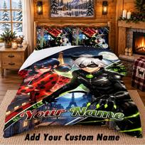 Miraculous Ladybug Custom Name 3Pcs Bedding Set 1 Bed Sheet 2 Pillowcases Bedroom Home Decor 135cmx200cm black