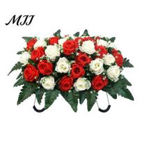 Long-lasting Memorial Flowers Artificial Cemetery Headstone Flower Saddle 34-Head Realistic UV-Resistant Fake Outdoor Bouquet Silk Rose Tombstone