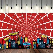 1 vibrant hero birthday party banner - Spider Web and comic City skyline, polyester background, birthday decoration 118×59inch/300*150cm