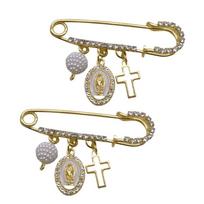 Decorative Safety Pin Brooch Set with Hanging Ornaments, Bead-Look and Clear Faceted Details for Securing Garment Openings, 2 Pieces 1 beige