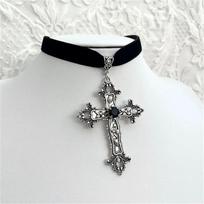 Vintage Antique Silver Color Cross Choker Black Rhinestone Gothic Black Rope Necklace Perfect for Victorian - Themed Gatherings gray