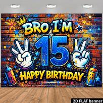 Blue Glitter 15th Birthday Backdrop with Balloons, Stars and Party Hats for Indoor Outdoor Celebration Photos 71in*91in（180cm*230cm）