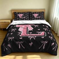 3pcs Milk Velvet Letter Bow Print Bedding Set Soft Fluffy Winter Warm Flannel Duvet Cover No Filler 1 Duvet Cover 2 Pillowcases 135x200&set white