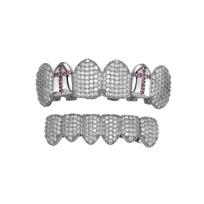 Hot Selling Cross Vampire Fangs Dental Grillz Full Paved Zircon Real Gold Plated Hip Hop Halloween Teeth Jewelry gray
