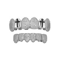 Hot Selling Cross Vampire Fangs Dental Grillz Full Paved Zircon Real Gold Plated Hip Hop Halloween Teeth Jewelry gray