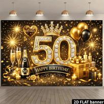 2D plane 50th birthday party backdrop, with a central golden  50  artistic word with diamonds and a crown in the center. yzb 98×71inch/250*180cm