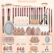 20 makeup brushes+3 round powder puffs+3 triangular powder puffs+3 beauty eggs+3 finger powder puffs+3 mini beauty eggs+1 washin geltona