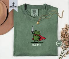 Huzzah Frog Embroidered Shirt , Comfort Colors Shirt , Fantasy T Shirt , DnD Shirt , Tabletop RPG Shirt , Medieval Frog Shirt 100 gray