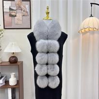 Real Fox Fur Collar And Pom Ball Fluffy Natural Fox Fur Scarf Luxury Winter For Down Jacket Hood Shawl Winter Coat Accessory Length 50cm gray