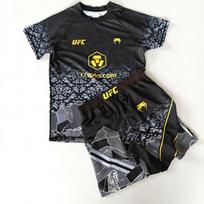 Greitai džiūstanti MMA, bokso, Muay Thai treniruočių apranga vaikams - trumpomis rankovėmis viršutinė dalis, šortai, juoda, auksinė, mėlyna M
