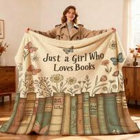 Just A Girl Who Loves Books Floral Book Pattern Printed Blanket Soft Lightweight Reading Lover Home Sofa Bed Blanket 75X95CM beige
