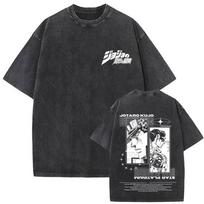 Anime JoJo Bizarre Adventure Higashikata Josuke Graphic Washed Vintage T-shirt Men Women Manga Casual Cotton T Shirts Streetwear M black