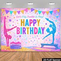 Gymnastics Birthday Party Banner Backdrop, Pink Blue Gymnast Star Triangle Flag Balance Beam, Polyester, Photo Wall Decor 39.37*59.06in white