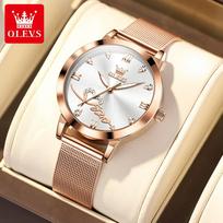 OLEVS 5530 Ladies Elegant Diamond Watch with Waterproof Fiberglass Mesh Belt Luxurious Business Style Calendar Feature beige