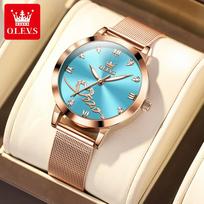 OLEVS 5530 Ladies Elegant Diamond Watch with Waterproof Fiberglass Mesh Belt Luxurious Business Style Calendar Feature blue