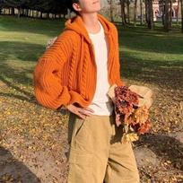 Dopamine Color American Hooded Sweaters Autumn Winter Solid Color Men's Casual Loose Stylish Drawstring Zipper Knitted Cardigan L oranžinė