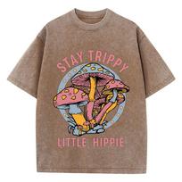 Vasariniai moteriški medvilniniai skalbti marškinėliai Stay Trippy Little Hippie su grybų spauda, gatvės stiliaus laisvi marškinėliai apvalia iškirpte, vintažiniai moteriški drabužiai XL brown