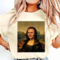 Summer Funny Mona Lisa Meme T-Shirt 100% Cotton Men's Women's Y2K Short Sleeve Round Neck Loose Shirt XL brown