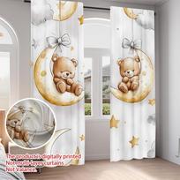 2PCS Digital Printing Curtains with Cartoon Teddy Bear on Moon, Stars Clouds Bows Pattern, Watercolor Kids Bedroom Decor Style 60x150cmx2&Rod pocket &2 panels white