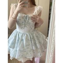 French sweet pink small flying sleeves floral dress women's summer small man waist fugitive princess fluffy short dress XL- (recommended 110-60kg) mėlyna