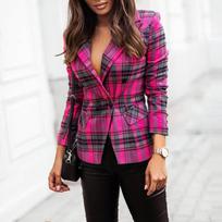 Danmo Office Lady Elegantiškas Slim Švarkas Rudens Atlapas Ilgomis Rankovėmis Sagomis Kardiganas Švarkas Moterų Mada Languotas Raštas Kasdieniai Kostiuminiai Paltai M raudona