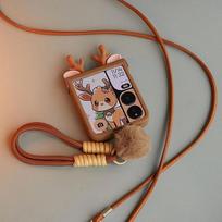 Apverčiamas mielas dėklas Samsung Galaxy Z Flip 6 5/Xiaomi Mix Flip/Oppo Find N3 N2 Flip/Motorola Razr50 dėklui 3D elnio ragų dangtelis Rudo spalvos For Huawei Pocket S brown