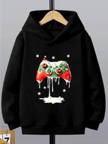 Christmas Game Controller Kids Hoodie Snowflake Santa Hat Chest Print Autumn Winter Fleece Warm Casual Hooded Sweatshirt 160 black