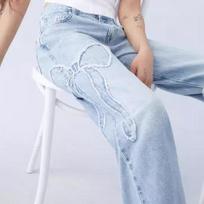 Women's  Denim Pants American Embroidered Side Raw Edge Butterfly Jeans   Design Girl Loose Straight Pants M mėlyna