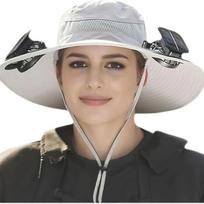 Solar-Powered Fan Hat with USB Charging Port - Wide Brim Bucket Hat, Adjustable Chin Strap & Breathable Mesh for Outdoor Sports beige