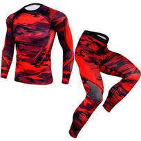 2 dalių sportinis kostiumas vyrams Suspaudžiamas ilgomis rankovėmis T-shirt rinkinys Spausdintas džemperis + Leginsai Fitneso Terminis M red