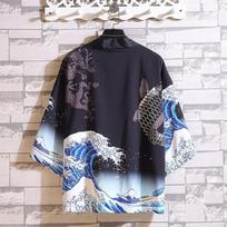 Japoniško stiliaus samurajų kimono gatvės apranga Vyriški megztiniai Japonija Harajuku Anime chalatas Anime drabužiai S juoda/mėlyna