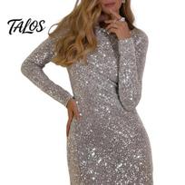 Special Occasion Dress Lady Evening Shiny Sequin Slim Fit Sheath Long Sleeves Above Knee Outdoor Cocktail Length O Neck Mini Club Party Prom XL sidabras
