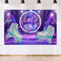 Let's Roll Roller Skate Birthday Backdrop Banner Neon Glowing Roller Skating Theme Background Decor for Fanatics Teens G 59x51.1inch/150*130cm blue