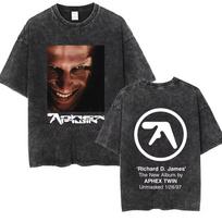 2026 Vasaros skalbti vintažiniai Aphex Twin veido grafikos marškinėliai Y2K vyrams moterims madingi didelio dydžio trumparankoviai marškinėliai L black