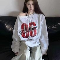 Y2K Sport Casual Oversize Hoodies Women Long Sleeve Sweatshirt Off Shoulder Top Back School Vintage Basic Tees Autumn Winter XXL pilka