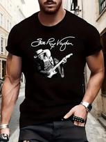 Steve Ray Vaughan Guitar Graphic T-Shirt for Men - 100% Cotton Black Crew Neck Short Sleeve Shirt with White Music Print, All-Seas XXXL brown