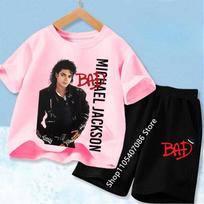 Summer Kids Michael Jackson Clothes Boys Tees Suit Fashion Girls Short Sleeve T Shirt + Pants 2pcs Set 150 white