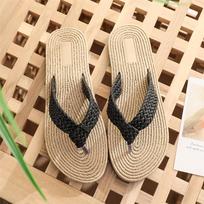Men's Summer Hemp Rope Sole Flip-Flops – Outdoor Beach Flat Toe Post Slippers 43 juoda