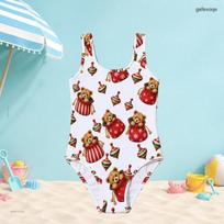 Girls Scoop Neck Wide Straps Sleeveless One Piece Swimsuit Christmas Teddy Bear Printed 140 white