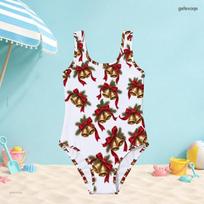 Girls Scoop Neck Wide Straps Sleeveless One Piece Swimsuit Christmas Teddy Bear Printed 150 white
