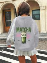 Retro Matcha Latte Kids Hoodie, Green Tea Drink Art Print, Autumn/Winter Fleece Soft, Stylish, and Versatile Hoodie 160 gray