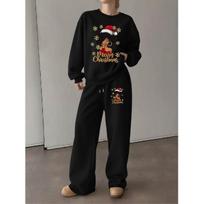 Women's Crewneck Sweatshirt & Drawstring Straight-Leg Pants 2-Piece Set, Printed Fall/Winter Lounge Set 4XL juoda