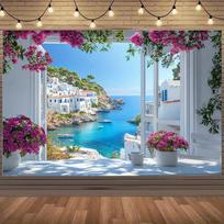 1 Mediterranean seaside banner with vibrant nine layered kudzu flowers, blue ocean, and painted architectural design 118×59inch/300*150cm white