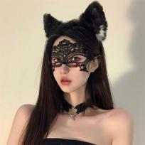 Halloween Cat Ear Choker Necklace With Lace Eye Mask Set Women Cosplay Costume Party Accessory Black 3-piece Set gray