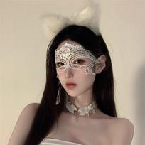 Halloween Cat Ear Choker Necklace With Lace Eye Mask Set Women Cosplay Costume Party Accessory White 3-piece Set gray