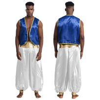 Vyriškas arabiško princo kostiumas S-4XL - Blizgi auksinė apdaila, liemenė ir patchwork kelnės Helovinui/Cosplay M karališkos mėlynos spalvos/balta