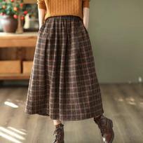 Vintage Plaid Midi Skirts Ladies Baggy High Waist A-line Thicker French Style Pockets Mujer Bottoms Popular  Luxury M ruda
