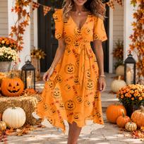 Women's V-Neck Short Sleeve Halloween Print Dress Casual Party Wear XL balta